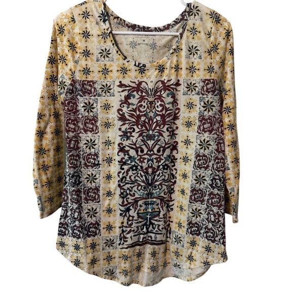 🌹Lucky Brand Cream and Brown Graphic 3/4 Sleeve Blouse - Picture 1 of 4